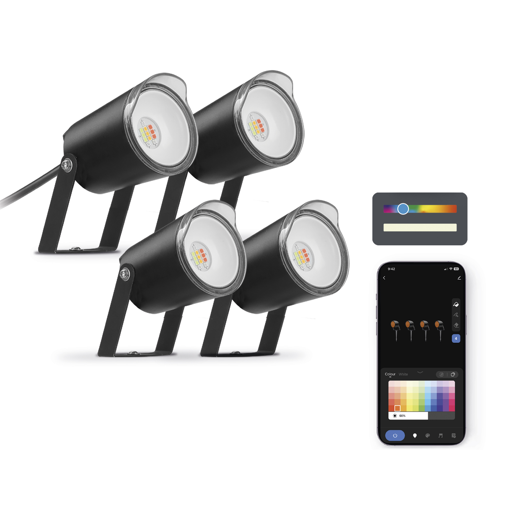 Ksix Pack 4 Spots LED Extérieurs Smartled RGBWIC - IP65 - Contrôle APP - Installation Facile