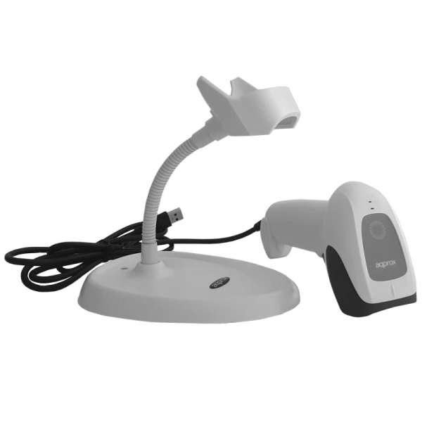 Lecteur de codes-barres USB 1D APPROX avec support - Indicateur LED, Beeper - Vitesse 300 fois par seconde - Couleur blanche