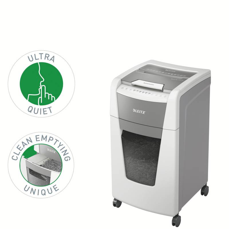 Leitz IQ 300 Autofeed P5 Destructeur Automatique Bureau - Détruit 300 Feuilles - Silent Clean Safe - Micro Cut Din P5 - Blanc