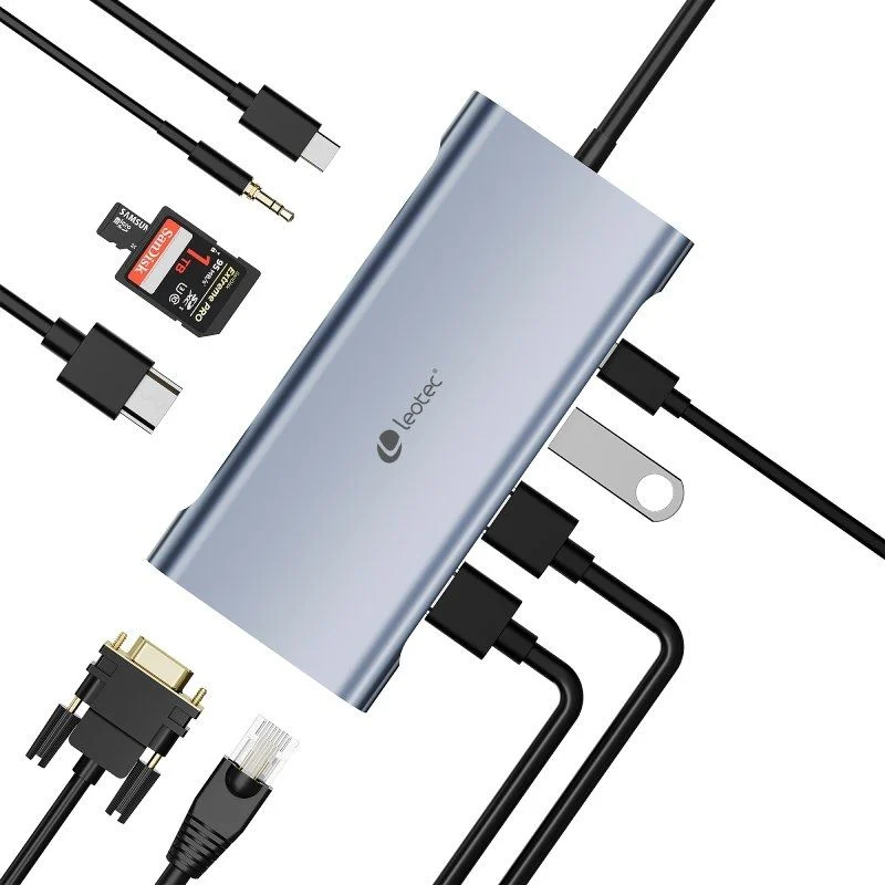 Leotec 11 en 1 USB-C vers 1xHDMI, 1xVGA, 1xRJ45, 3xUSB-A 3.0, 1xUSB-C PD, 1xUSB-C, 1xTF+1xSD, 1x adaptateur audio - Couleur Gris