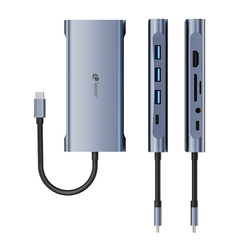 Leotec 11 en 1 USB-C vers 1xHDMI, 1xVGA, 1xRJ45, 3xUSB-A 3.0, 1xUSB-C PD, 1xUSB-C, 1xTF+1xSD, 1x adaptateur audio - Couleur Gris