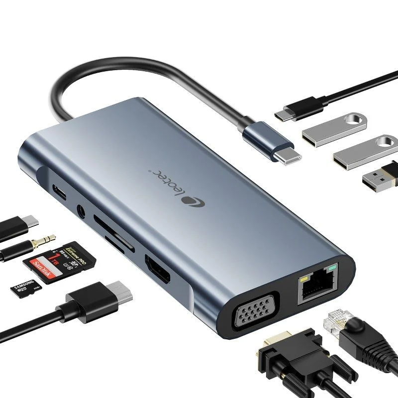 Leotec 11 en 1 USB-C vers 1xHDMI, 1xVGA, 1xRJ45, 3xUSB-A 3.0, 1xUSB-C PD, 1xUSB-C, 1xTF+1xSD, 1x adaptateur audio - Couleur Gris