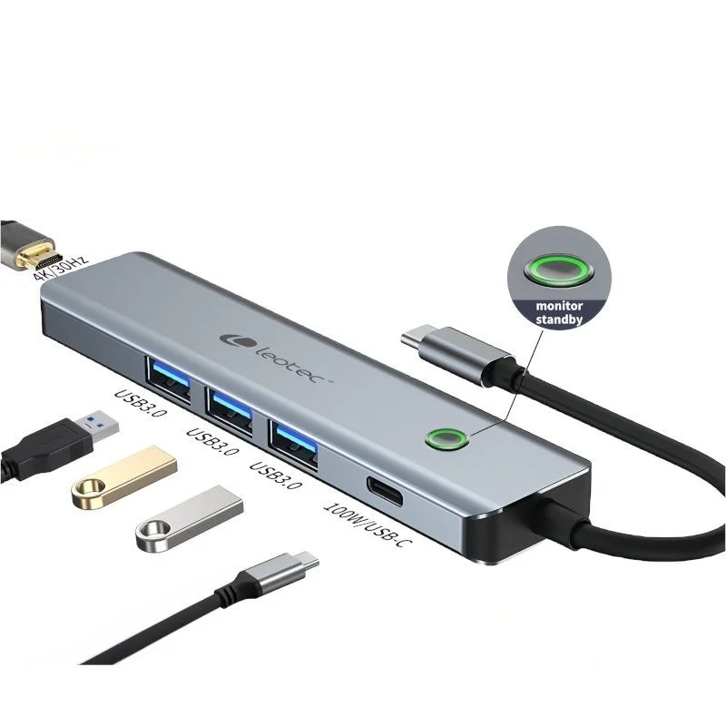 Leotec 5 en 1 USB-C vers 1xHDMI, 3xUSB-A 3.0, 1xPD 100W+Adaptateur USB-C - Gris