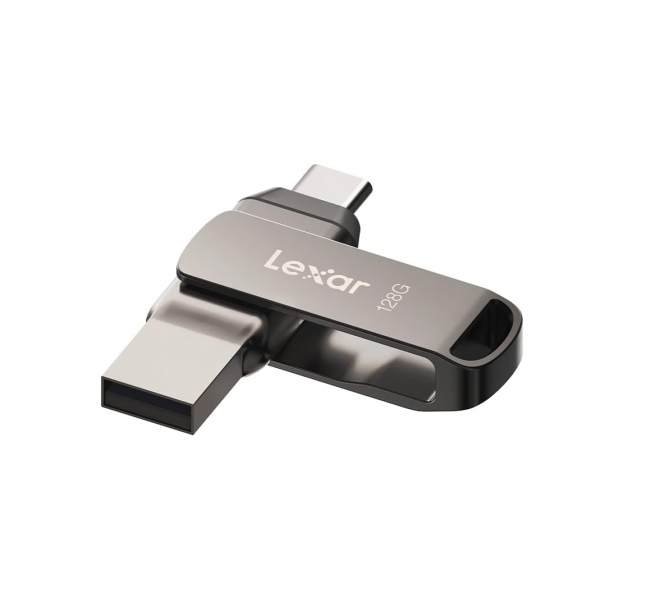 Lexar D400 JumpDrive Dual Drive USB 3.1 Type-C Mémoire 128 Go - Transferts rapides jusqu'à 130 Mo/s - Compatible avec USB Type-C et Type-A - Conception en métal rotatif - Couleur grise