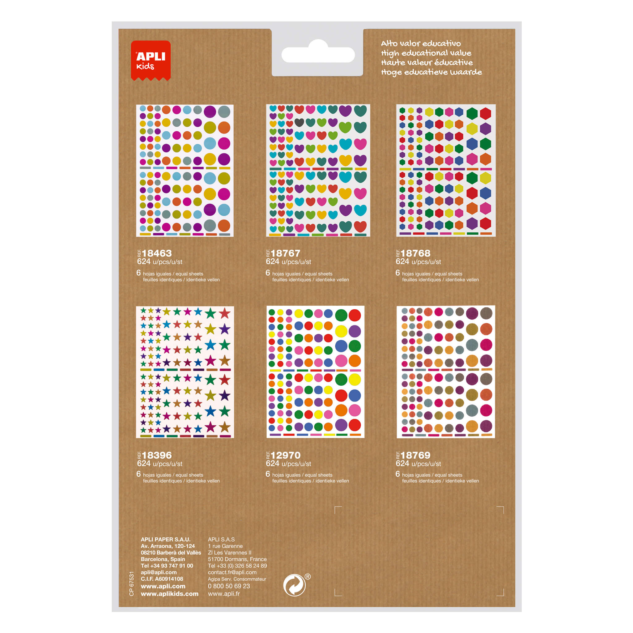 LOT de 10 Autocollants ronds adhésifs permanents Apli - Ø 10 mm, Ø 14 mm et Ø 20 mm - 624 autocollants par sachet - Développement des compétences et de la créativité - Couleurs Couleurs