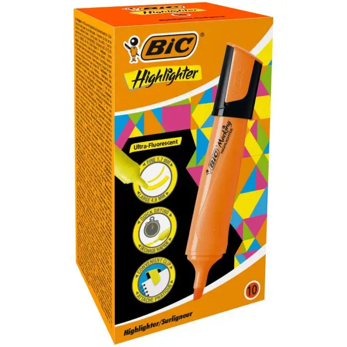 LOT de 10 Bic Marking Highlighter Marqueur Fluorescent Plat - Pointe Biseautée - Trait compris entre 1,70 et 4,80 mm - Encre à Base d'Eau - Couleur Orange