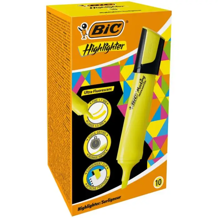 LOT de 10 Bic Marking Highlighter Marqueur Fluorescent Plat - Pointe Biseautée - Trait entre 1,70 et 4,80 mm - Encre à Base d'Eau - Couleur Jaune