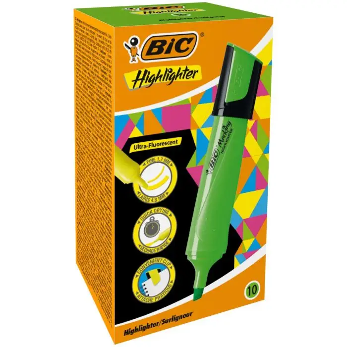 LOT de 10 Bic Marking Highlighter Marqueur Fluorescent Plat - Pointe Biseautée - Trait entre 1,70 et 4,80 mm - Encre à Base d'Eau - Couleur Verte