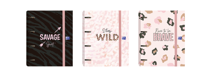 LOT de 10 Classeur européen Oxford Animal Print - Couverture extra rigide avec motif imprimé animal - Dos de 45 mm - Anneaux 4Dx35 mm - Comprend une recharge pastel 5x5