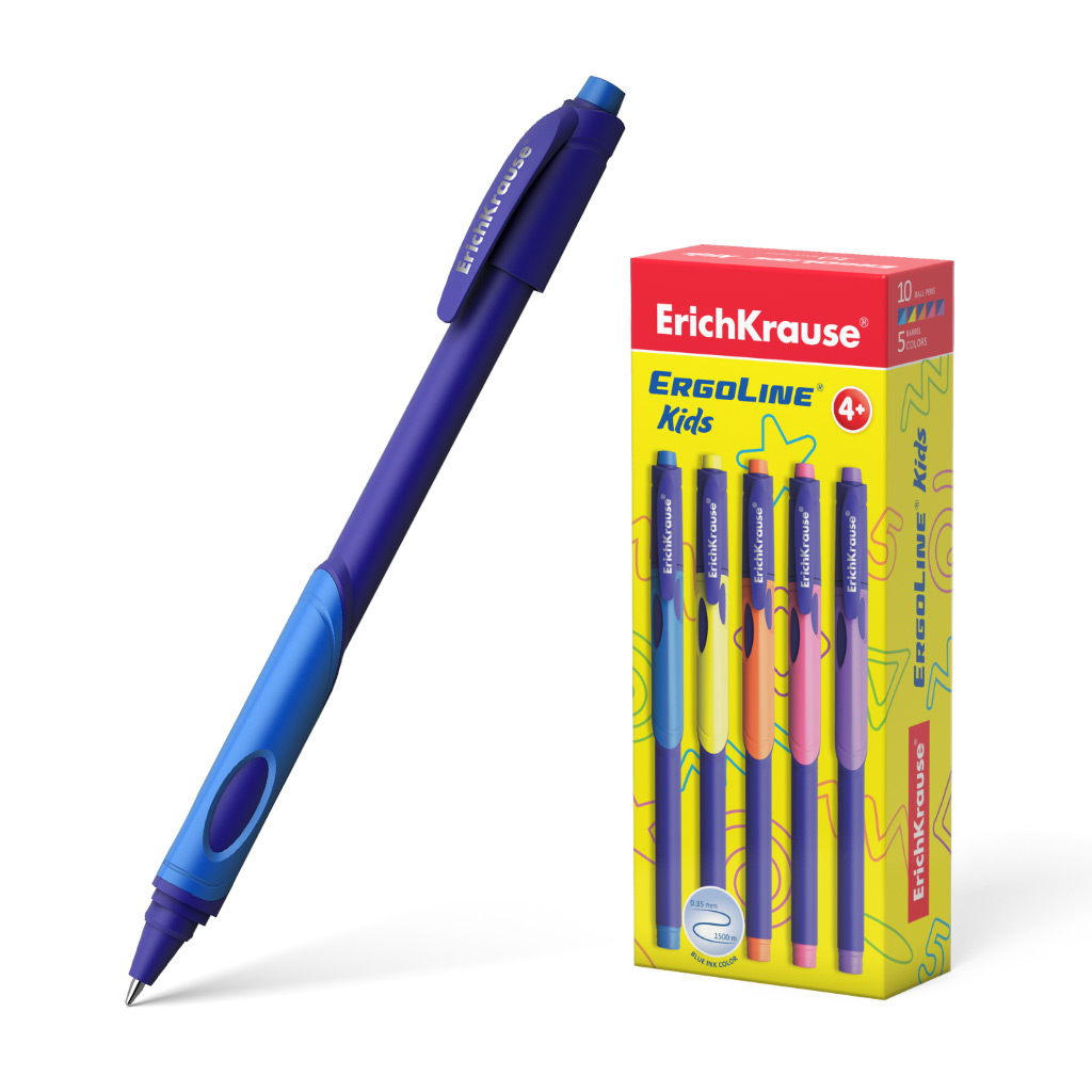 LOT de 10 Stylo à bille Erichkrause Ergoline Kids - Technologie Ultra Glide - Encre bleue