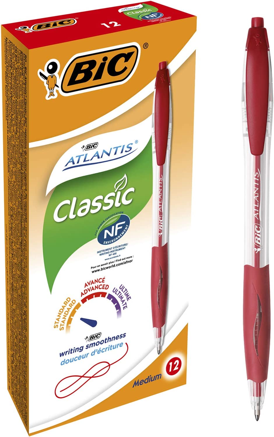 LOT de 12 Bic Atlantis Classic Stylo Bille Rétractable - Pointe 1mm - Corps Transparent avec Grip - Couleur Rouge