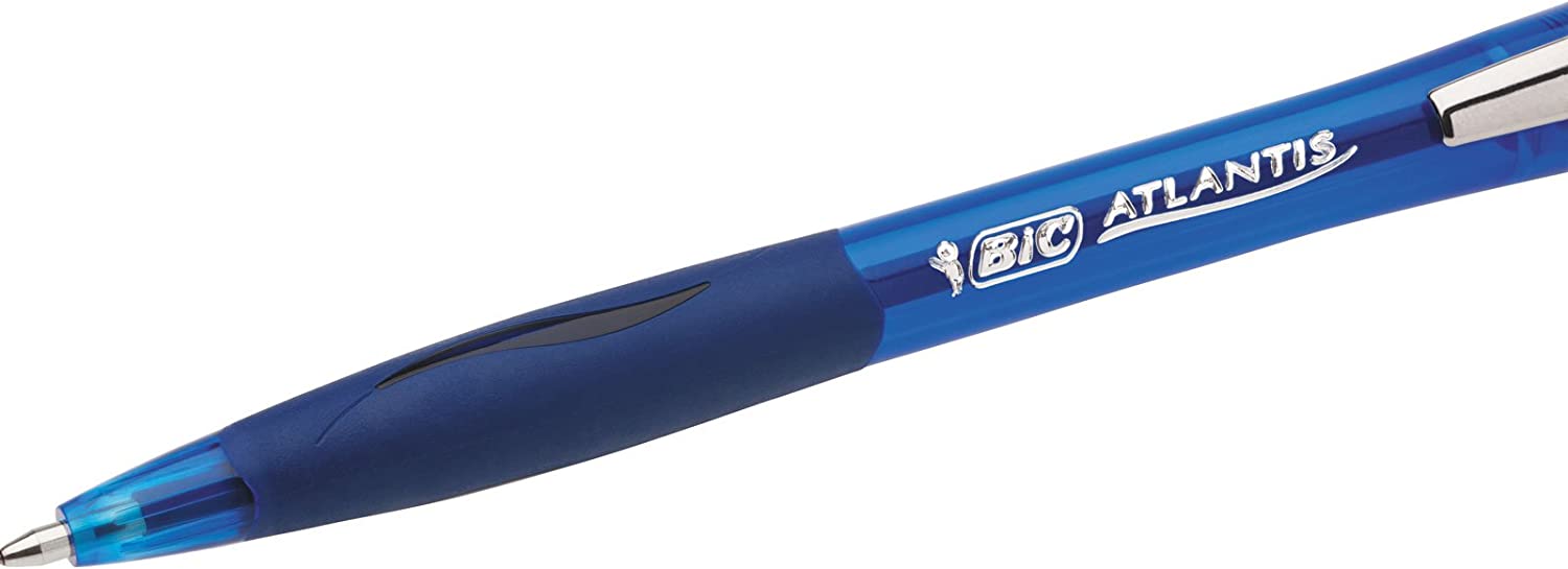 LOT de 12 Bic Atlantis Soft Stylo à bille rétractable avec clip en métal - Pointe 1 mm - Corps transparent avec grip - Couleur bleue