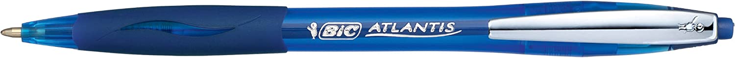 LOT de 12 Bic Atlantis Soft Stylo à bille rétractable avec clip en métal - Pointe 1 mm - Corps transparent avec grip - Couleur bleue