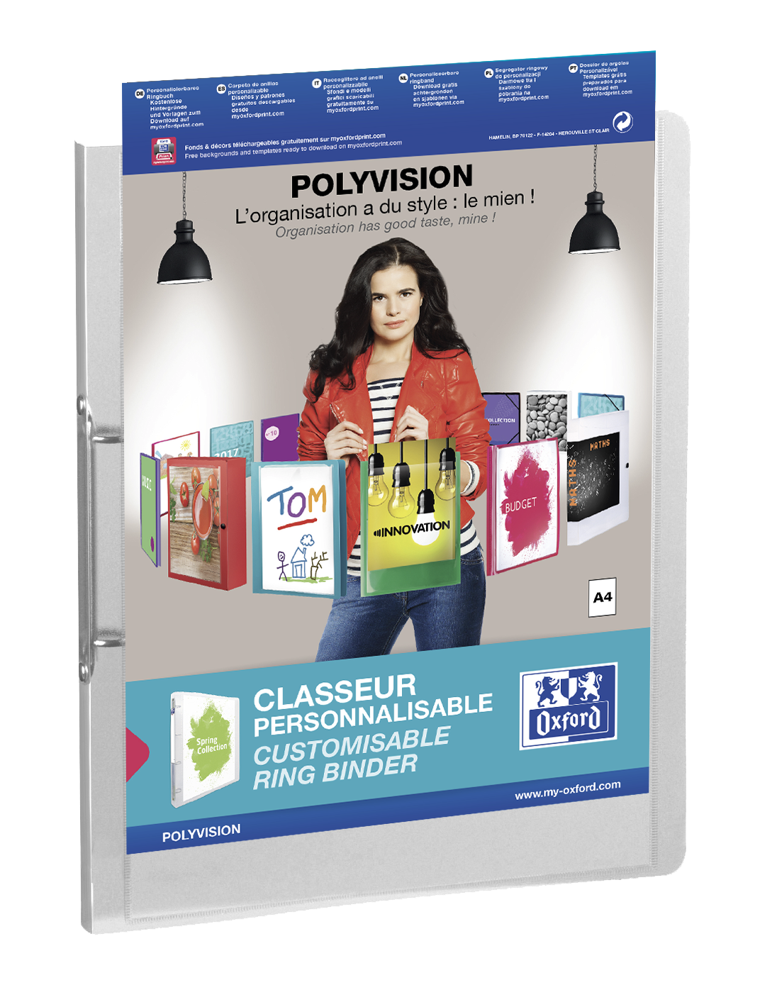 LOT de 12 Classeur à anneaux A4 Oxford Polyvision - Couverture plastique personnalisable - Dos 30 mm - 2 anneaux 20 mm - Transparent