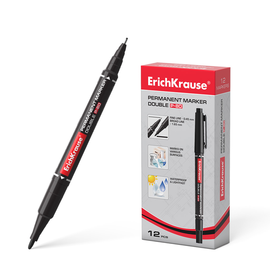 LOT de 12 Erichkrause Double P-80 Marqueur Permanent Double Face - Universel et Fineliner 2 en 1 - Encre à Base d'Alcool Imperméable et Résistant aux UV - Séchage Rapide - Non Toxique - Durée de Conservation de 5 Ans - Coloré