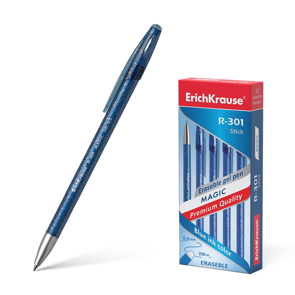 LOT de 12 Erichkrause Gel Pen R-301 Magic Gel 05 - Encre effaçable - Corps teinté et semi-transparent - Pointe 05 mm - Encre gel à séchage rapide - Couleur bleue