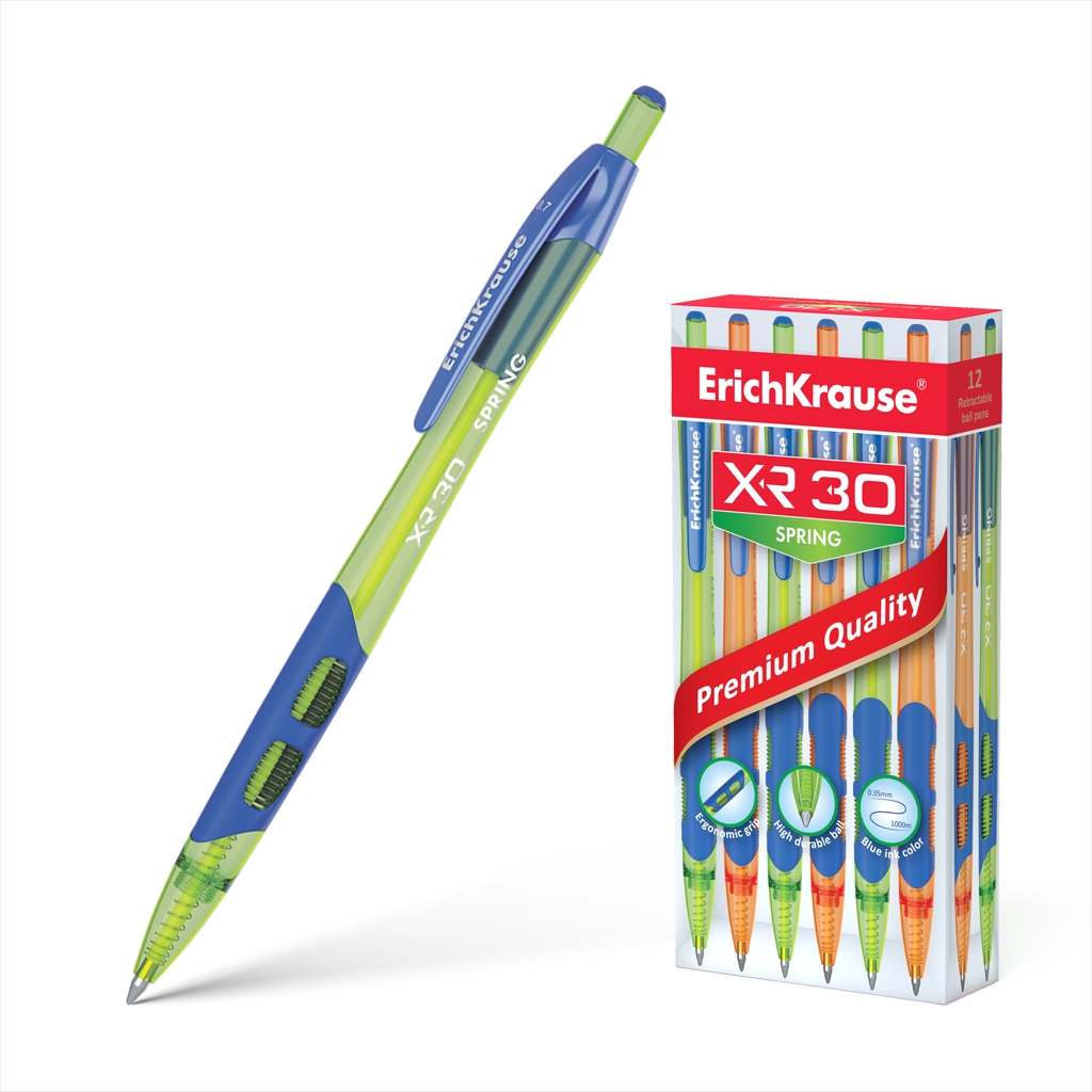 LOT de 12 Erichkrause Xr-30 Spring Stylo à bille automatique - Couleurs néon Corps translucide - Pointe 07 mm - Encre à séchage rapide - Couleur bleue