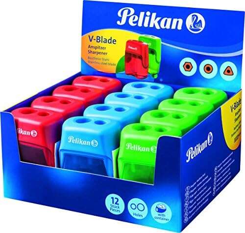 LOT de 12 Pelikan Présentoir de 12 Taille-Crayons Double Trou V-Blade + Dépôt - Deux Trous et Dépôt - Disponible en Bleu, Rouge et Vert