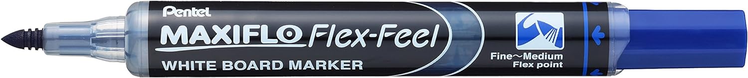 LOT de 12 Pentel Marqueur pour Tableau Blanc Maxiflo Flex-Feel - Pointe Flexible 4,6 mm - Course de 1 à 5 mm - Dosage d'encre par Piston - Couleur Bleu