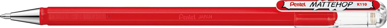 LOT de 12 Stylo à bille Pentel Mattehop - Pointe 1 mm - Course 0,5 mm - Encre gel opaque - Fabriqué avec 55 % de matériaux recyclés - Couleur rouge