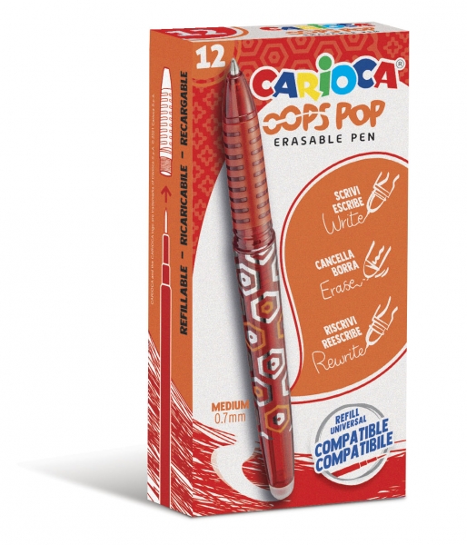 LOT de 12 Stylos effaçables Carioca Oops - Encre thermosensible - Grip texturé - Pointe 0,7 mm - Double caoutchouc - Recharges compatibles - Couleur rouge