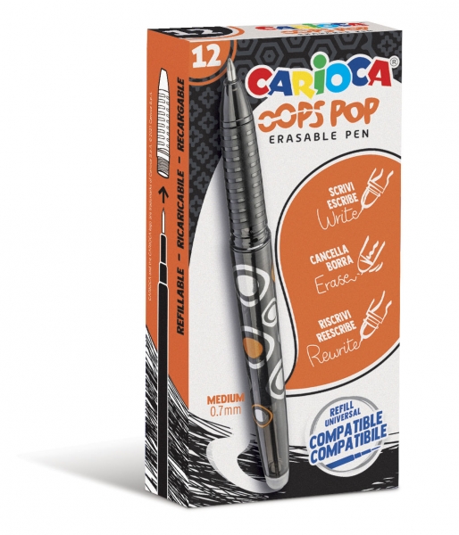 LOT de 12 Stylos Effaçables Carioca Oops - Thermo Sensibles - Grip Texturé - Pointe Ø 0,7 mm - Double Caoutchouc - Recharges compatibles - Couleur Noir