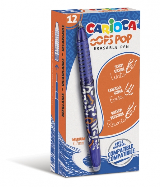 LOT de 12 Stylos Effaçables Carioca Oops - Thermo Sensibles - Grip Texturé - Pointe Ø 0,7 mm - Double Caoutchouc - Recharges compatibles - Couleur Bleu