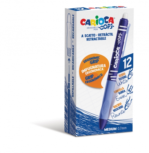 LOT de 12 Stylos Effaçables Carioca Oops - Thermo Sensibles - Prise Triangulaire Ergonomique - Pointe Ø 0,7 mm - Recharges compatibles - Couleur Bleu