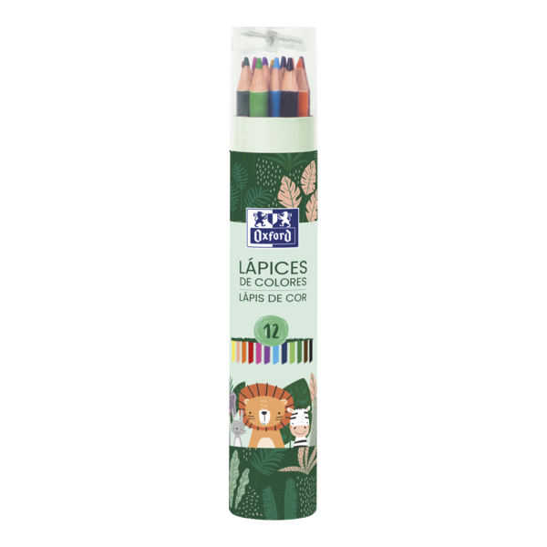 LOT de 12 Tube à crayons en bois Oxford Animal Besties - 12 couleurs - Taille-crayon inclus - Idéal pour les amoureux des animaux