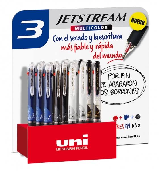 LOT de 15 Uni-ball JetStream SXE3-400-10/15P Présentoir de 25 stylos - Pointe boule 1 mm - Encre pigmentée résistante à l'eau et à la lumière - Séchage instantané - Idéal pour gauchers - Couleurs assorties