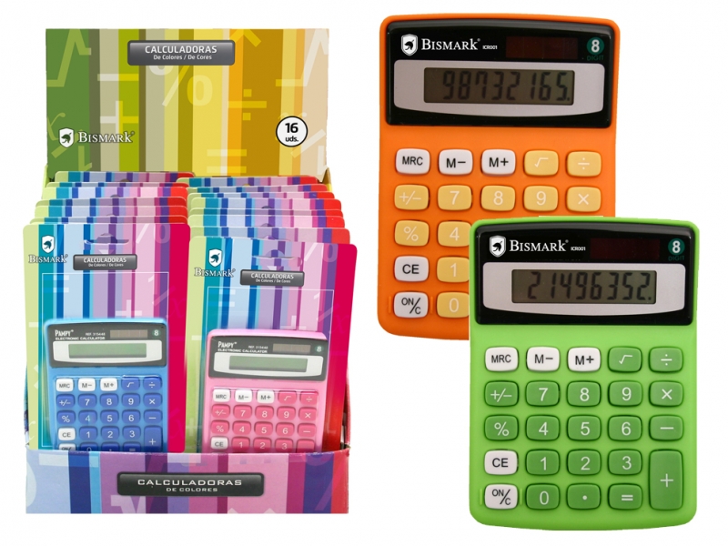 LOT de 16 Bismark Expostiro de 16 calculatrices scolaires à 8 chiffres - Fonctions de base et mémoire - Alimenté par énergie solaire et batterie - Couleurs assorties