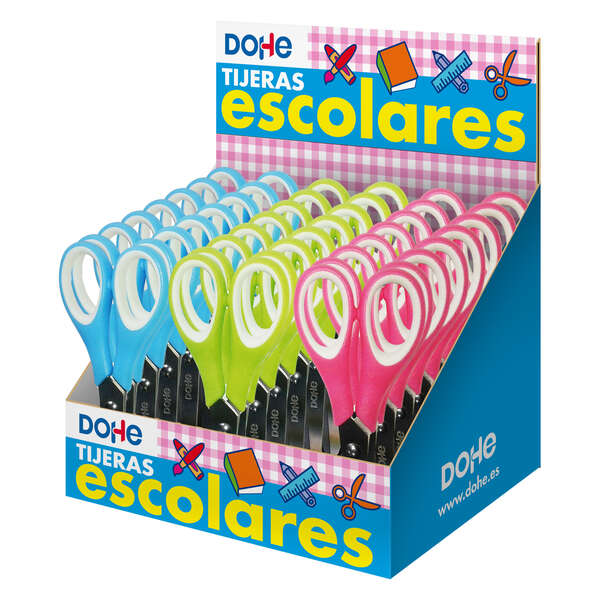 LOT de 24 Dohe Présentoir de 24 Ciseaux d'Ecole 125 mm - Lames en Acier Inoxydable - Pointes Arrondies - Manche Ergonomique en Plastique et Caoutchouc - Couleurs Assorties