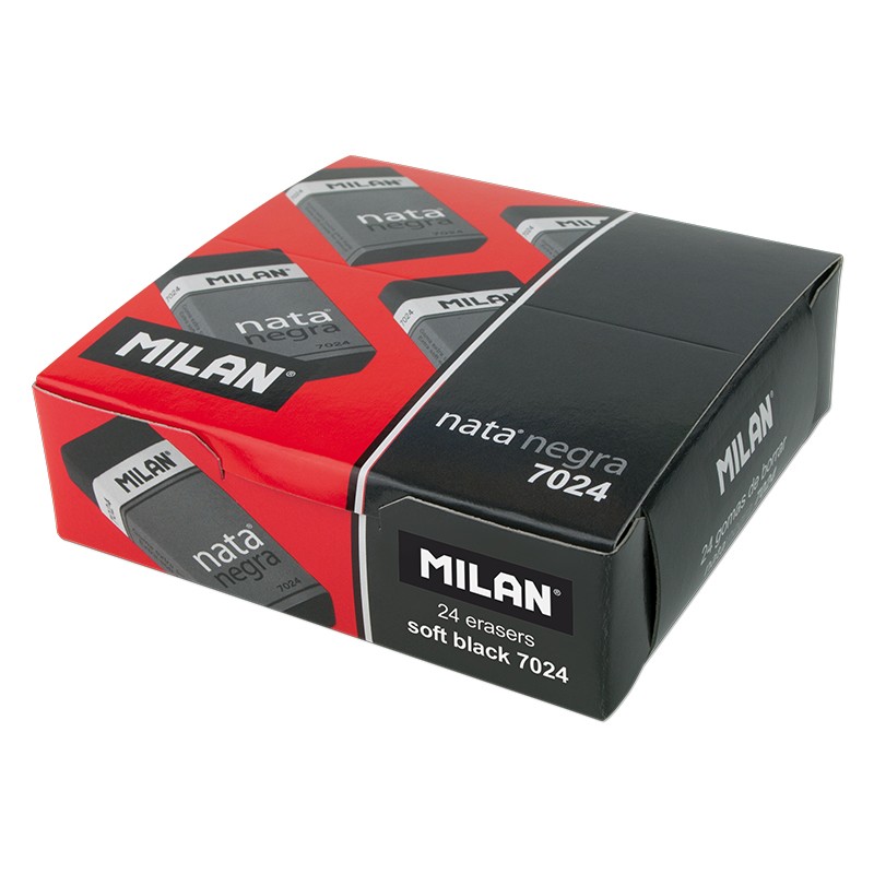 LOT de 24 Milan Nata 7024 Gomme Rectangulaire - Plastique - Bande de Carton Rouge - Emballé Individuellement - Extra Lisse - Couleur Noir