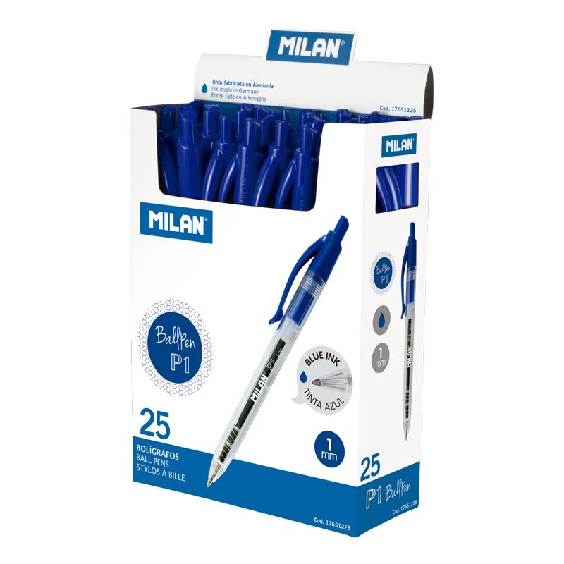 LOT de 25 Stylo Bille Rétractable Milan P1 - Pointe Ronde 1 mm - Corps Transparent - Couleur Bleu