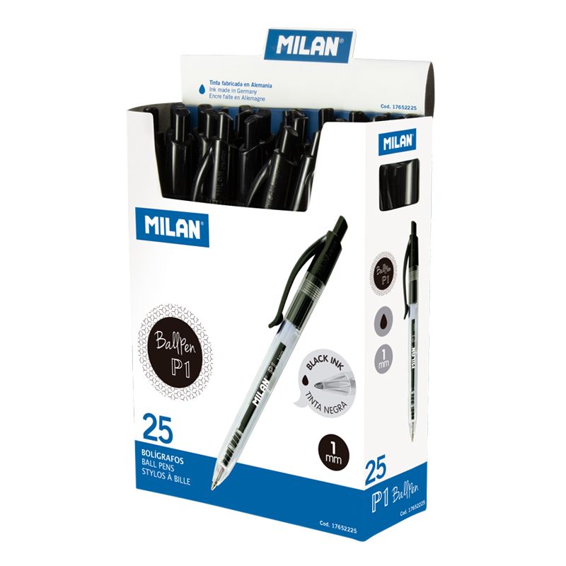 LOT de 25 Stylo Bille Rétractable Milan P1 - Pointe Ronde 1 mm - Corps Transparent - Couleur Noir