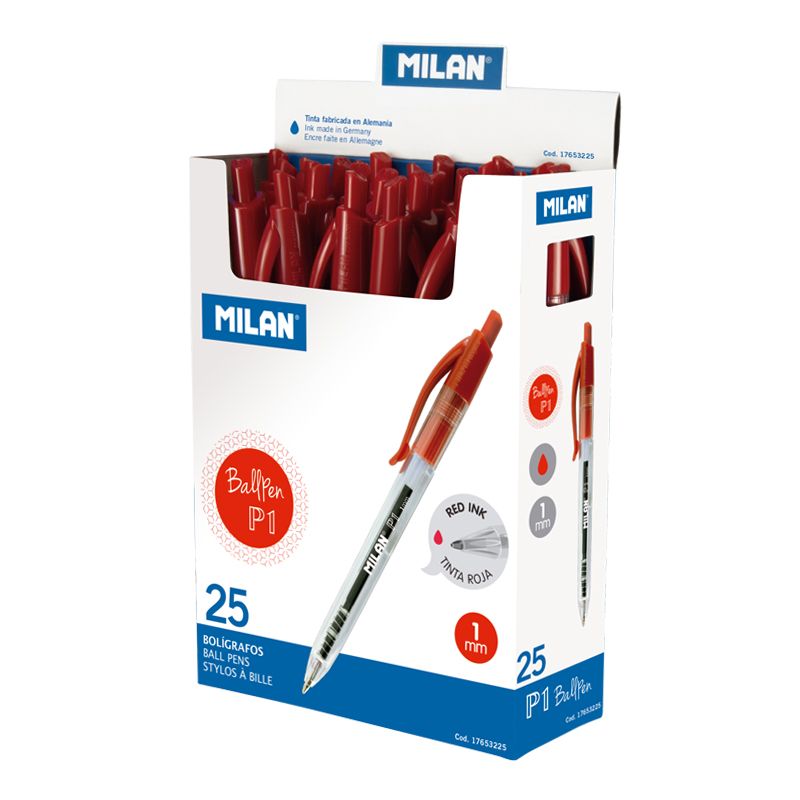 LOT de 25 Stylo Bille Rétractable Milan P1 - Pointe Ronde 1 mm - Corps Transparent - Couleur Rouge