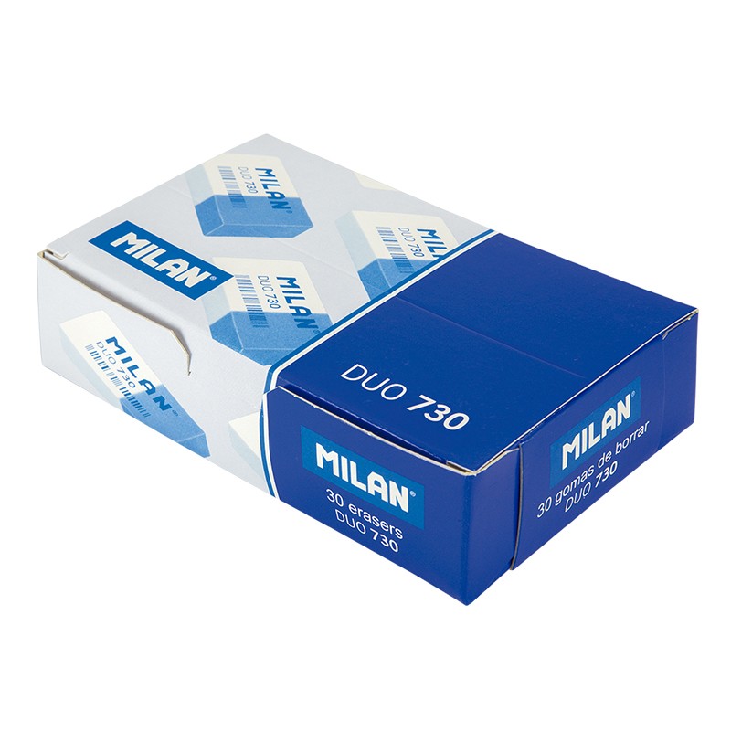 LOT de 30 Gomme Rectangulaire Milan Nata 730 Duo - Plastique - Emballé Individuellement - Couleur Blanc/Bleu