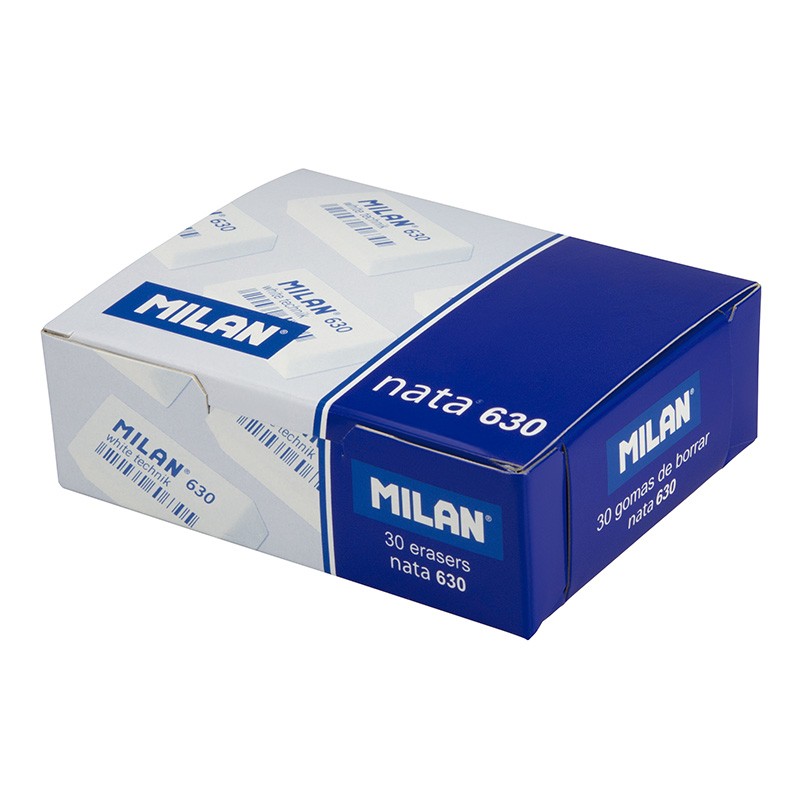 LOT de 30 Gomme Technique Milan Nata 630 - Rectangulaire - Plastique - Lisse - Emballée Individuellement - Couleur Blanc