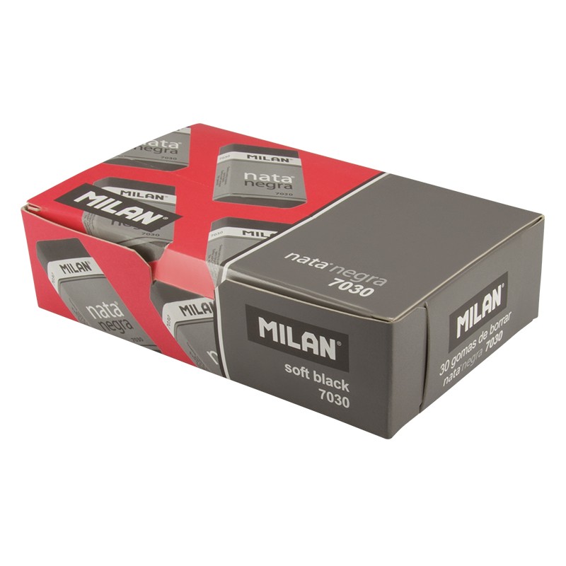 LOT de 30 Milan Nata 7030 Gomme Rectangulaire - Plastique - Bande de Carton Rouge - Emballé Individuellement - Extra Lisse - Couleur Noir