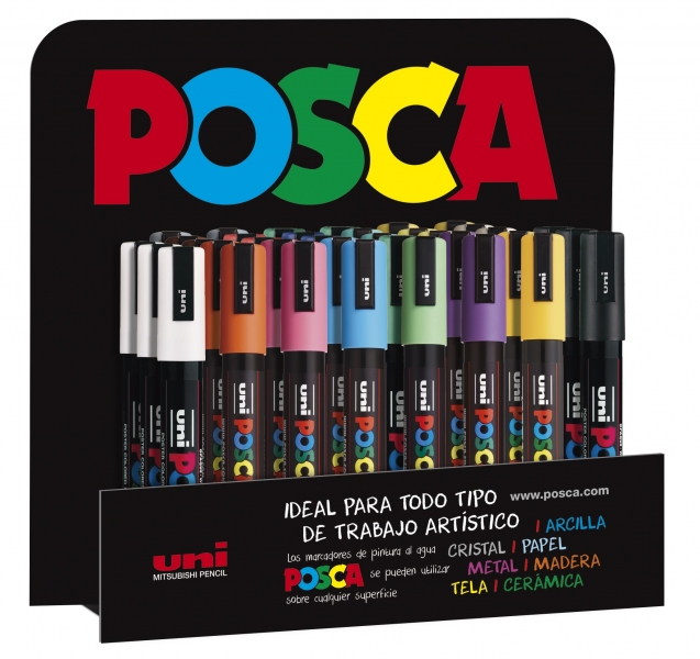 LOT de 36 Posca PC-5M/3D Présentoir de 36 Marqueurs Peinture - Pointe Polyester 1,8-2,5 mm - Encre à Base d'Eau - Non Permanent - Résistant à la Lumière - Couleurs Assorties