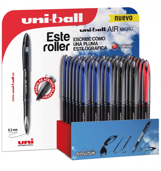 LOT de 36 Uni-ball AIR MICRO UBA-188-M Présentoir de 36 Rollers - Pointe Plastique Acétate 0,5 mm - Écrit comme un Stylo Plume - Encre Pigmentée Résistante à l'Eau et à la Lumière - Couleurs Assorties