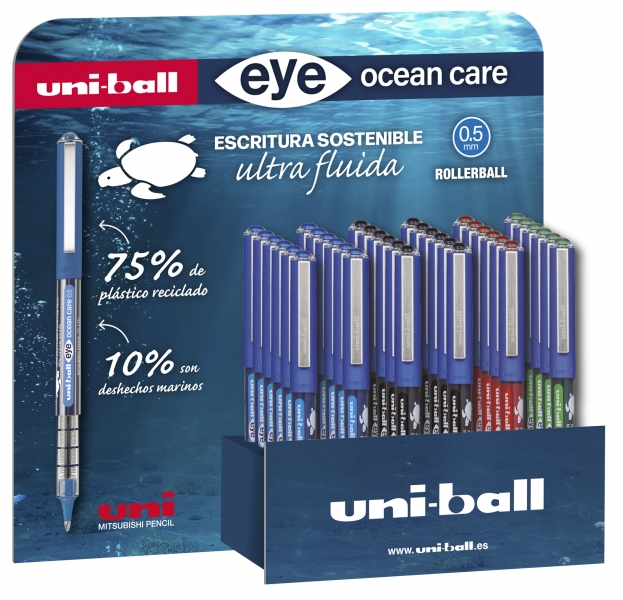 LOT de 36 Uni-ball Eye Ocean Care UB-150ROP Présentoir de 36 stylos à encre liquide – Pointe sphérique de 0,5 mm – Encre pigmentée résistante à l'eau et à la lumière – Système de contrôle de l'encre – Couleurs assorties