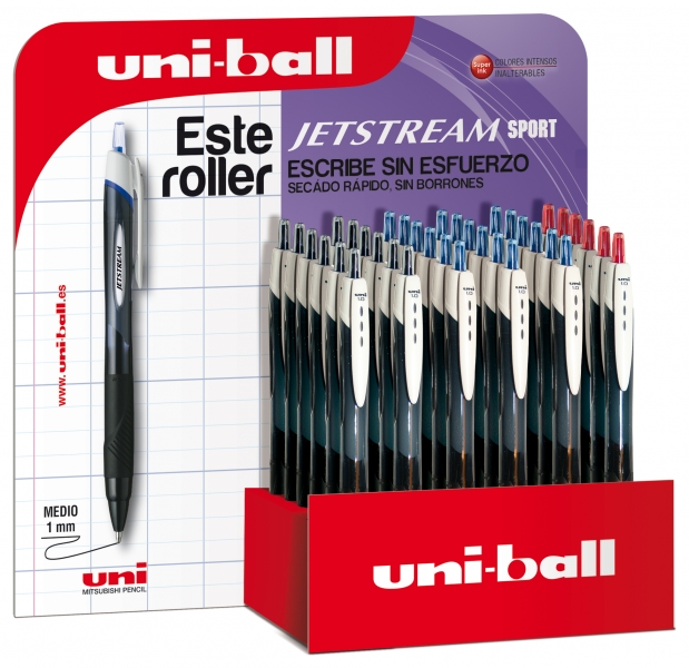 LOT de 36 Uni-ball JetStream Sport SXN-150/3D Présentoir de 36 stylos rétractables - Pointe sphérique 1 mm - Encre pigmentée résistante à l'eau et à la lumière - Séchage instantané - Couleurs assorties