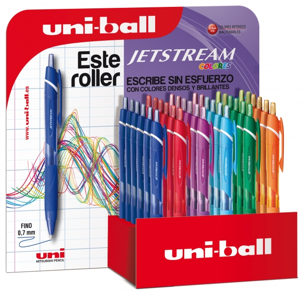 LOT de 36 Uni-ball JetStream Sport SXN-150C/3D Présentoir de 36 stylos rétractables - Pointe sphérique de 0,7 mm - Encre pigmentée résistante à l'eau et à la lumière - Séchage instantané - Couleurs assorties