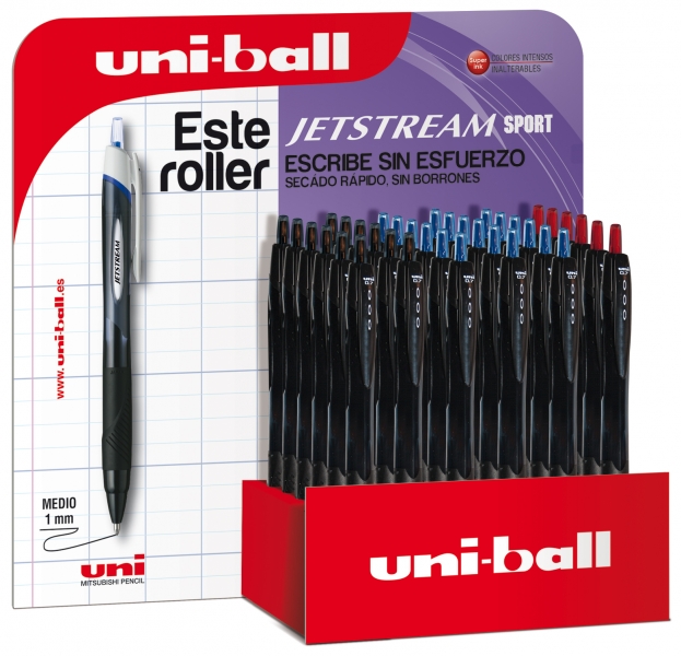 LOT de 36 Uni-ball JetStream Sport SXN-157/3D Présentoir de 36 stylos rétractables - Pointe sphérique 0,7 mm - Encre pigmentée résistante à l'eau et à la lumière - Séchage instantané - Couleurs assorties