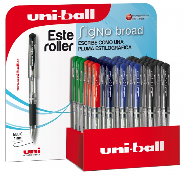 LOT de 36 Uni-ball Signo Broad UM-153/3D Présentoir de 36 rouleaux à encre gel – Pointe sphérique de 1 mm – Ligne style stylo – Poignée en caoutchouc – Couleurs assorties