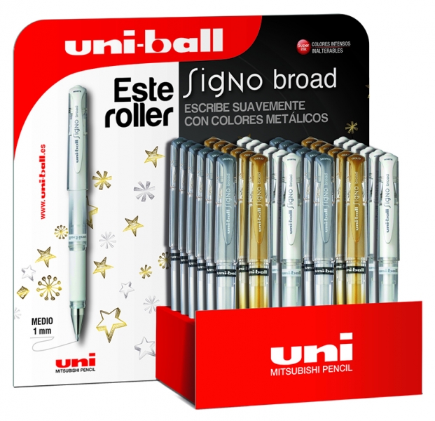 LOT de 36 Uni-ball Signo Broad UM-153 Présentoir de 36 rouleaux à encre gel - Pointe sphérique 1 mm - Ligne stylo plume - Grip en caoutchouc - Couleurs assorties