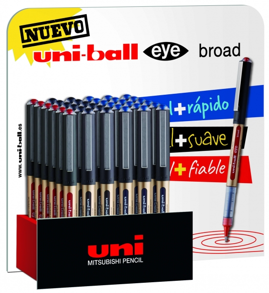 LOT de 36 Uni-ball UB-150-10 Eye Wide Display de 36 stylos à encre liquide - Pointe sphérique de 1 mm - Encre résistante à l'eau et à la lumière - Système de contrôle de l'encre - Couleurs assorties