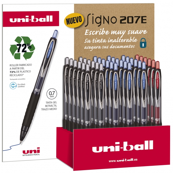 LOT de 36 Uni-ball UMN-207E/3D Présentoir de 36 Rollers - Pointe Boule 0,7 mm - Grip Caoutchouc Anti-Fatigue - Encre Pigmentée Résistante à la Lumière et à l'Eau - Couleurs Assorties