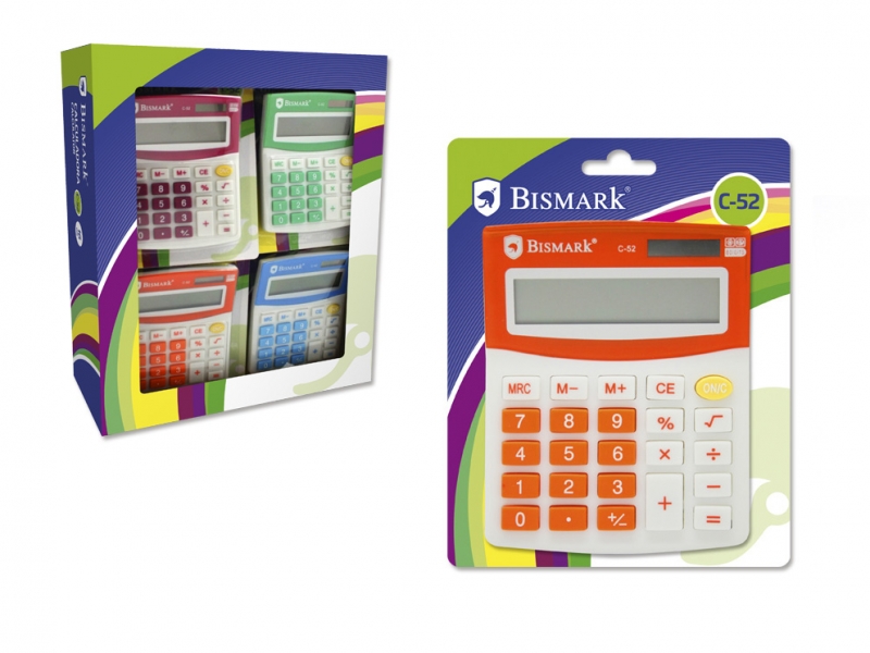 LOT de 4 Bismark Bismark C-52 Calculatrice scolaire à 8 chiffres – Fonctions de base et mémoire – Alimenté par énergie solaire et batterie – Couleurs assorties